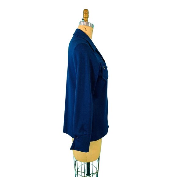 Vintage 70s Cobalt Blue Shirt Womens Large Bust Pockets Polyester Button Down To - Picture 8 of 10